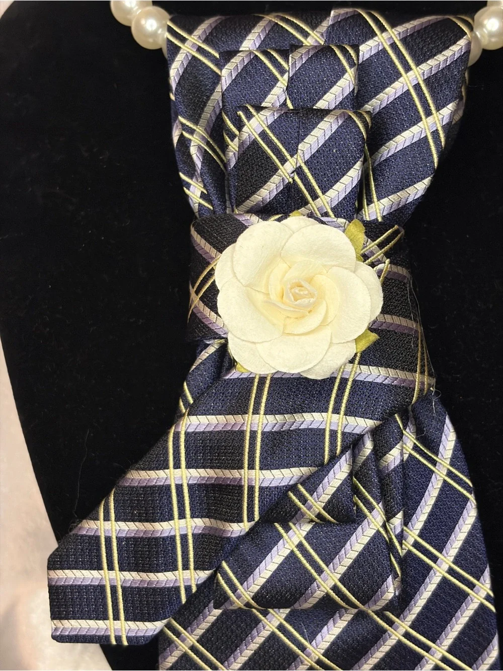 Navy Plaid Decorative Scarf Tie with Cream Floral Accents